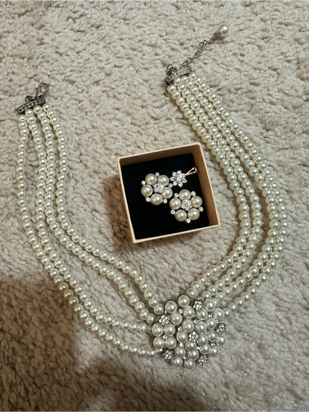 Pearl Cluster Multi-Strand Necklace and Earring Set - Ivory Pearls